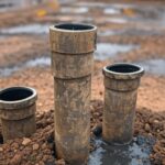 Tubulações de saneamento deterioradas em rua de Brasília, ilustrando investimentos insuficientes e atrasos da Caesb no DF.