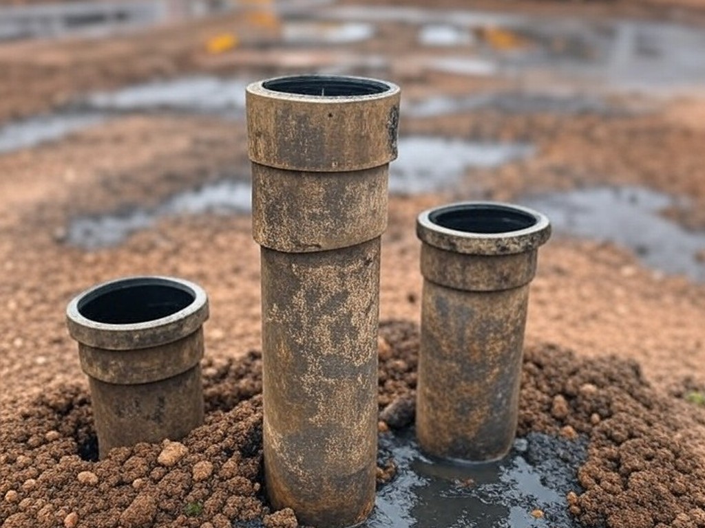 Tubulações de saneamento deterioradas em rua de Brasília, ilustrando investimentos insuficientes e atrasos da Caesb no DF.