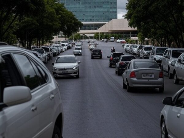 Rua em Brasília com carros estacionados e Câmara Legislativa ao fundo, representando aumento do IPVA e sobrecarga para contribuintes.