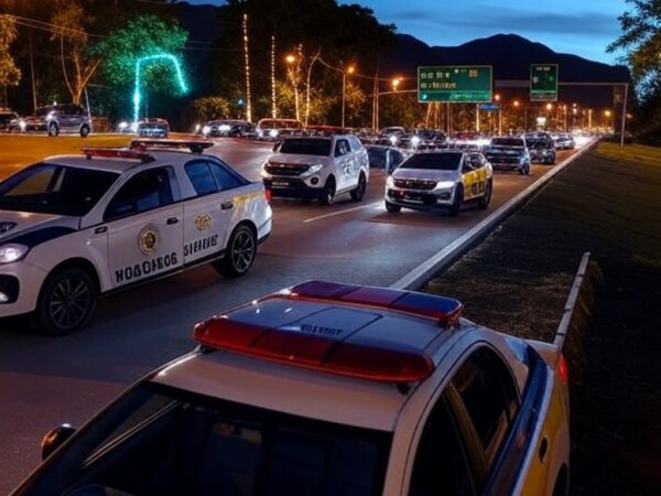 Rodovia federal no Brasil com viaturas da PRF durante o Natal, ilustrando queda em acidentes.