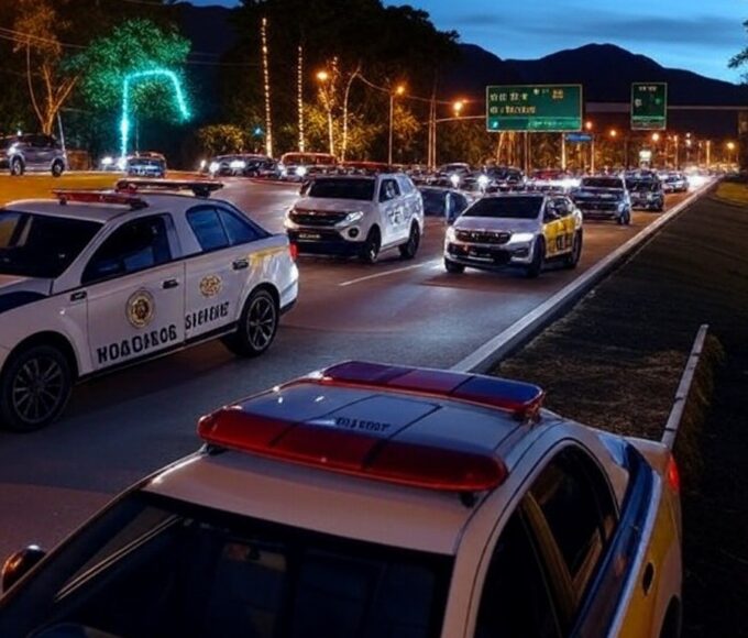 Rodovia federal no Brasil com viaturas da PRF durante o Natal, ilustrando queda em acidentes.