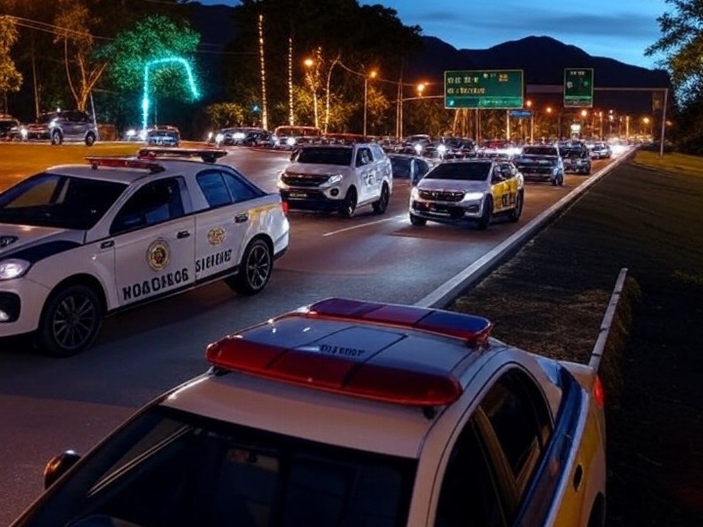 Rodovia federal no Brasil com viaturas da PRF durante o Natal, ilustrando queda em acidentes.