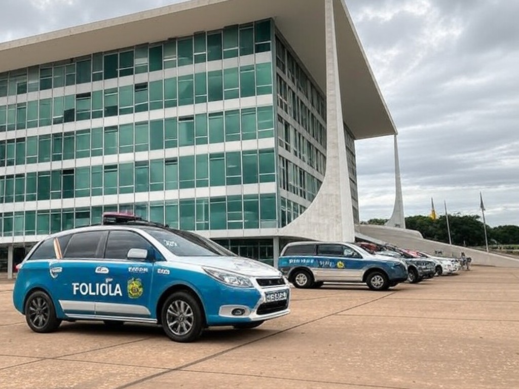 Fachada do STF em Brasília com viaturas da PF, representando investigação de fraude bancária.
