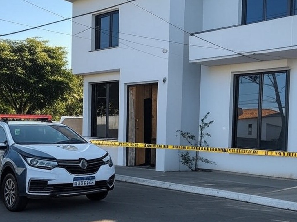 Casa em Vicente Pires com sinais de invasão domiciliar e viatura policial, representando cena de crime no Distrito Federal.