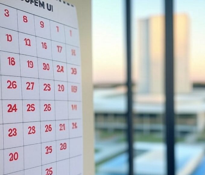Calendário com feriados nacionais marcados, em escritório em Brasília, representando divulgação do governo federal para 2026.