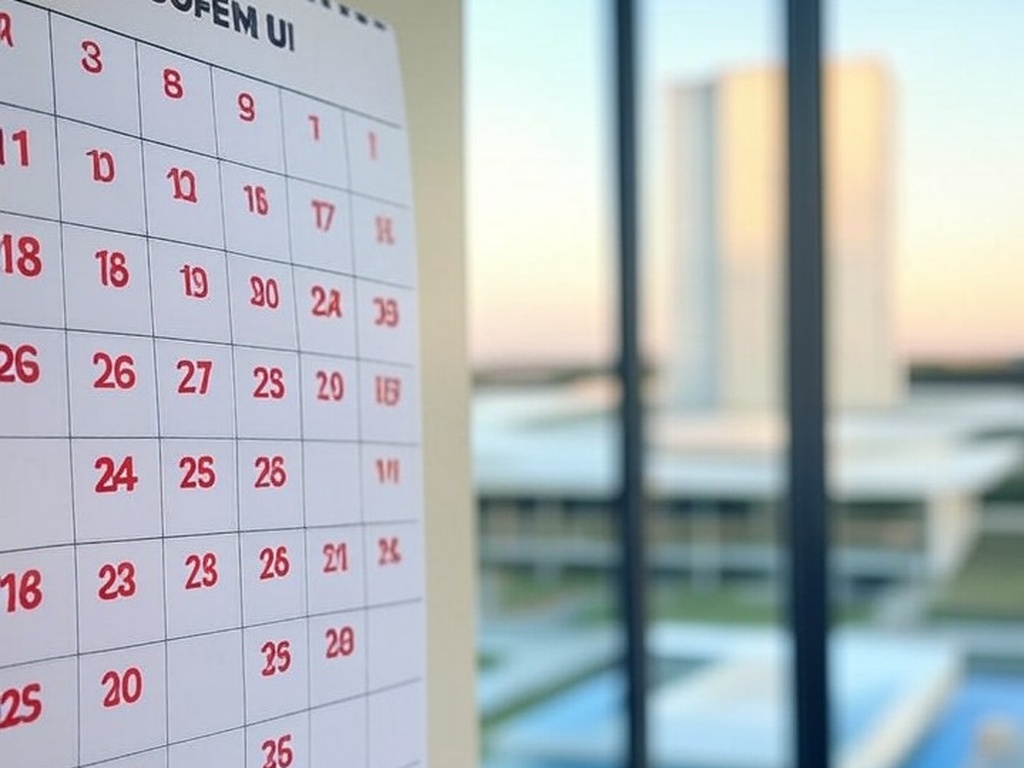 Calendário com feriados nacionais marcados, em escritório em Brasília, representando divulgação do governo federal para 2026.