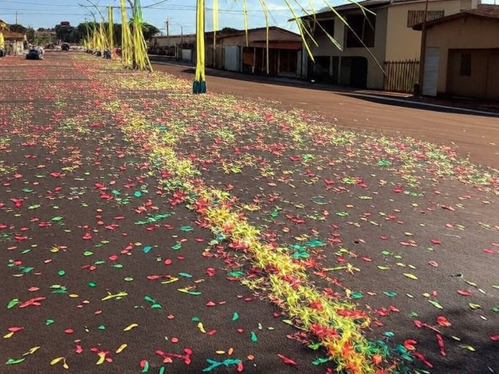Rua em Ceilândia, Brasília, decorada para carnaval com confetes e bandeiras, representando exclusão de bloco.