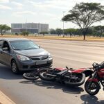 Cena de acidente de trânsito em avenida de Brasília, com carro e moto danificados, representando condenação por colisão em 2019.