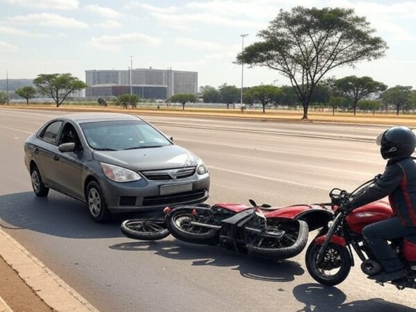 Cena de acidente de trânsito em avenida de Brasília, com carro e moto danificados, representando condenação por colisão em 2019.