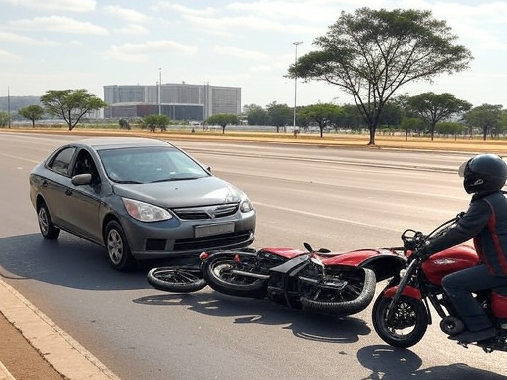 Cena de acidente de trânsito em avenida de Brasília, com carro e moto danificados, representando condenação por colisão em 2019.