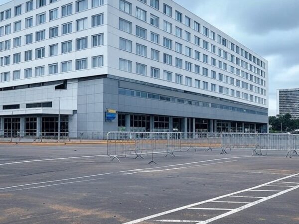 Sinalizações de quarentena confusas em frente ao Ministério da Saúde em Brasília, expondo brechas na saúde pública.