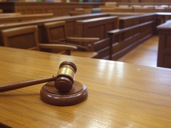 Tribunal vazio em Ceilândia com martelo de juiz, simbolizando condenação por estupro e tortura.