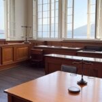 Tribunal vazio em São Sebastião representando condenação por feminicídio premeditado no Brasil.