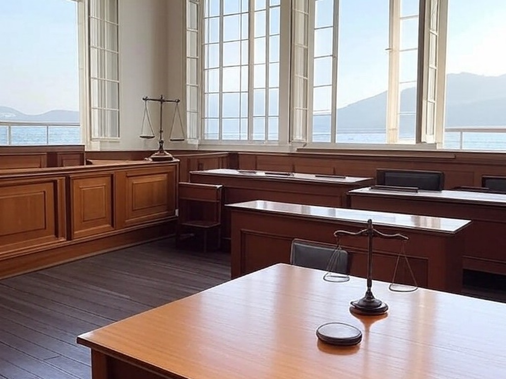 Tribunal vazio em São Sebastião representando condenação por feminicídio premeditado no Brasil.