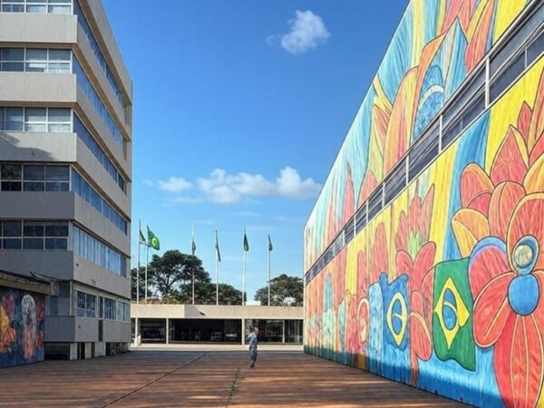 Centro cultural em Ceilândia com murais de grafite, representando disputa por gerência cultural.