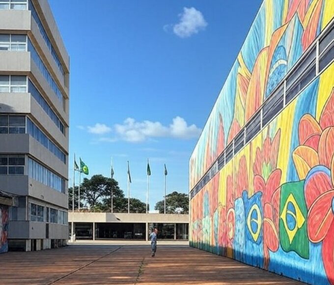 Centro cultural em Ceilândia com murais de grafite, representando disputa por gerência cultural.