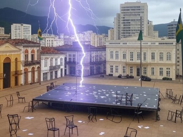 Raio atingindo ato político em Belo Horizonte, causando pânico, com palanque vazio e itens espalhados em praça urbana.