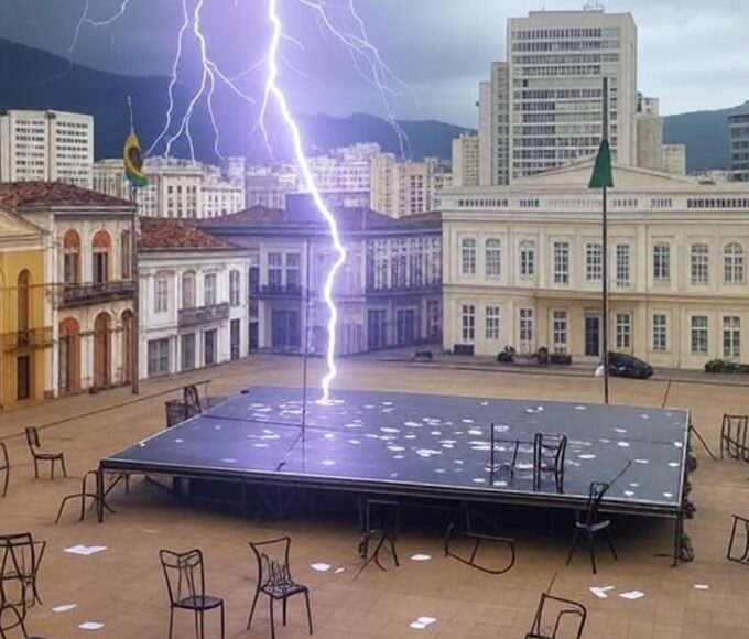 Raio atingindo ato político em Belo Horizonte, causando pânico, com palanque vazio e itens espalhados em praça urbana.