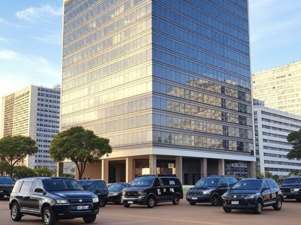 Edifício da Polícia Federal em Brasília com viaturas estacionadas, representando retorno à custódia após negação de prisão domiciliar.