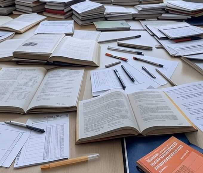 Mesa com livros de concurso e kit de primeiros socorros, ao fundo Câmara Legislativa do DF, simbolizando estresse de candidatos.