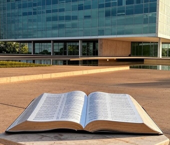 Fachada da Câmara Legislativa do DF em Brasília com Bíblia aberta, simbolizando patrimônio cultural e debate sobre laicidade.