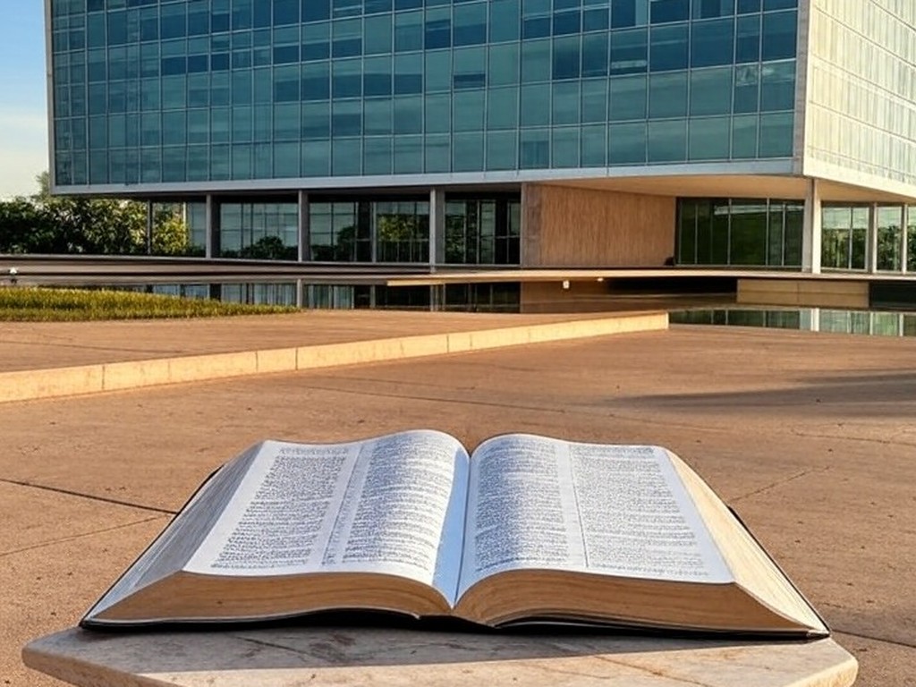 Fachada da Câmara Legislativa do DF em Brasília com Bíblia aberta, simbolizando patrimônio cultural e debate sobre laicidade.