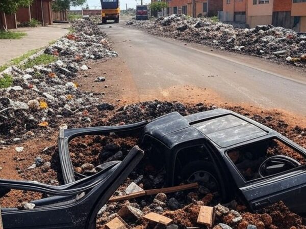 Rua em Ceilândia com força-tarefa removendo entulhos e carcaças de veículos abandonados.