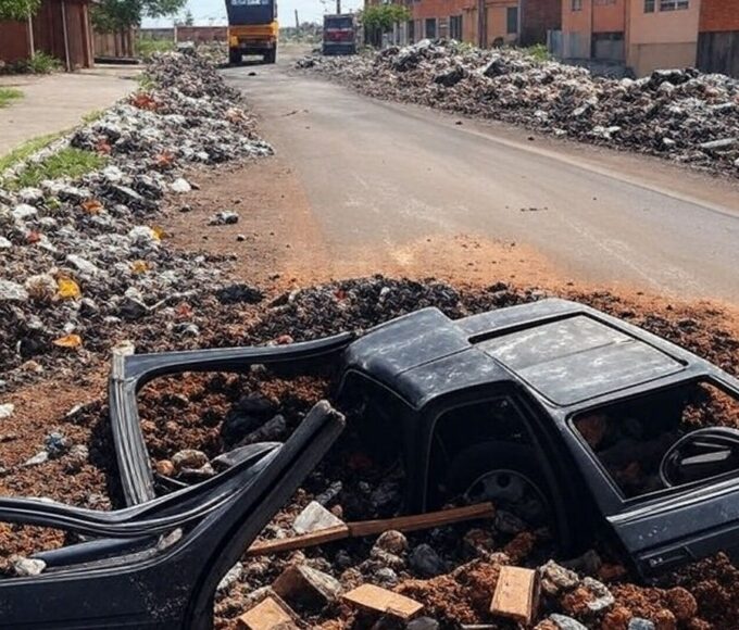 Rua em Ceilândia com força-tarefa removendo entulhos e carcaças de veículos abandonados.