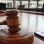 Martelo de juiz e smartphone com Instagram em tribunal brasileiro, representando condenação por exposição em rede social.