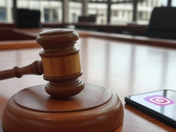 Martelo de juiz e smartphone com Instagram em tribunal brasileiro, representando condenação por exposição em rede social.