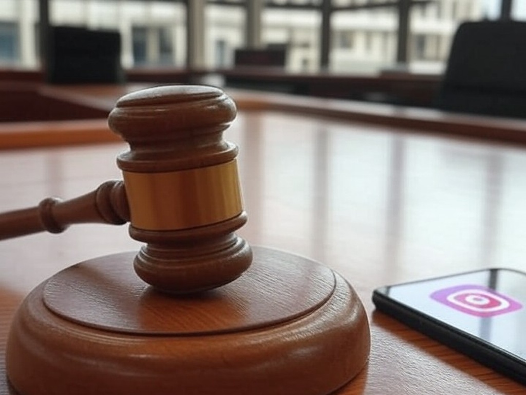 Martelo de juiz e smartphone com Instagram em tribunal brasileiro, representando condenação por exposição em rede social.