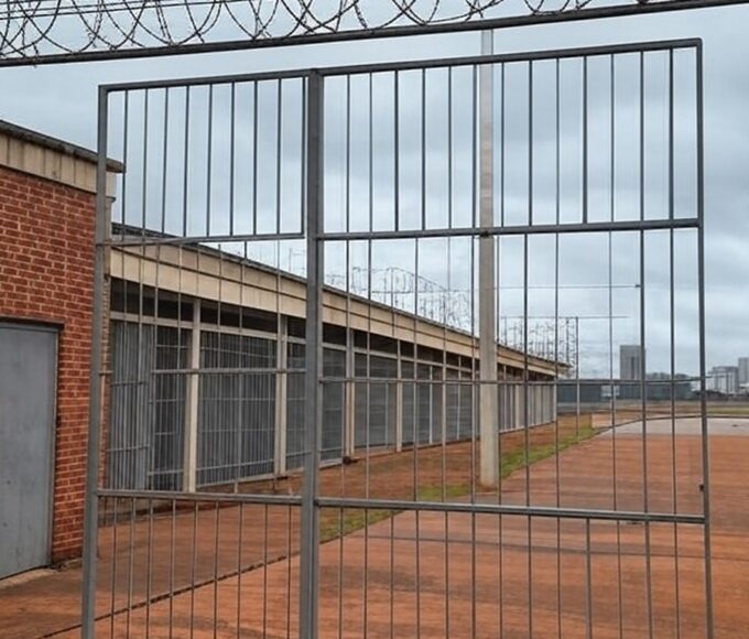 Imagem de presídio no Distrito Federal com portões fechados e cercas, representando calendário de saídas temporárias de presos.