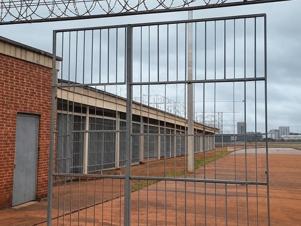 Imagem de presídio no Distrito Federal com portões fechados e cercas, representando calendário de saídas temporárias de presos.