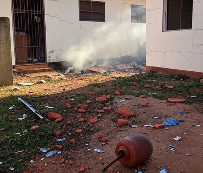 Residência em Ceilândia danificada por explosão de botijão de gás, com destroços e fumaça.