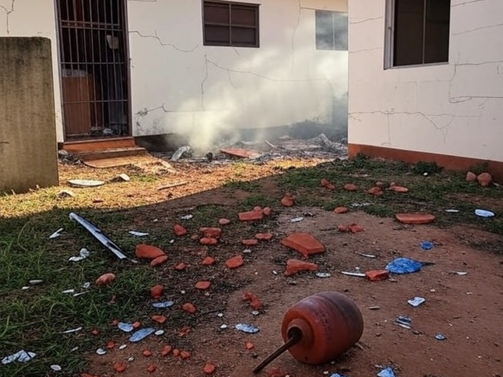 Residência em Ceilândia danificada por explosão de botijão de gás, com destroços e fumaça.