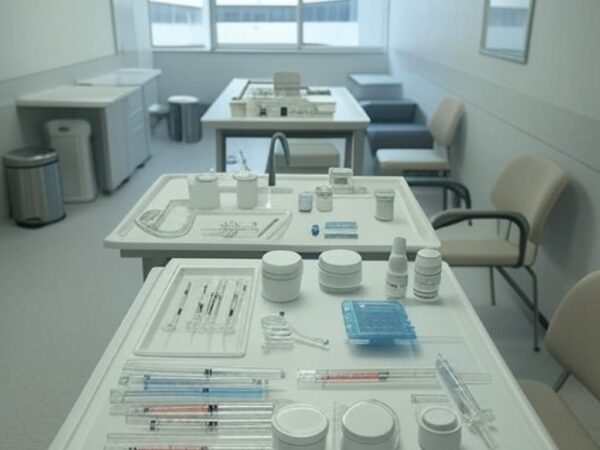 Clínica de estética vazia em Brasília com equipamentos cobertos e documentos burocráticos, representando restrições à enfermagem estética e desemprego.