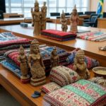 Objetos culturais indianos doados ao TJDFT, com bandeiras do Brasil e Índia, fortalecendo laços diplomáticos.