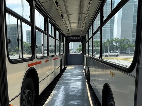Ônibus urbano em Brasília, com piso escorregadio, ilustrando caso de indenização por acidente em transporte público no DF.