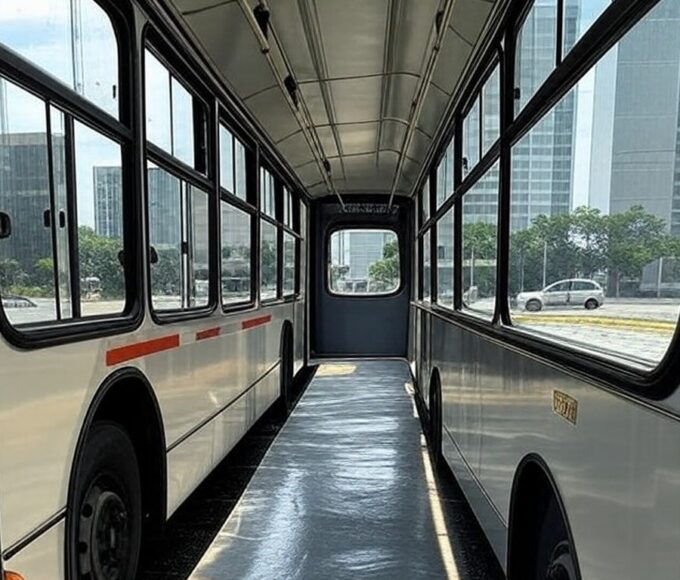 Ônibus urbano em Brasília, com piso escorregadio, ilustrando caso de indenização por acidente em transporte público no DF.