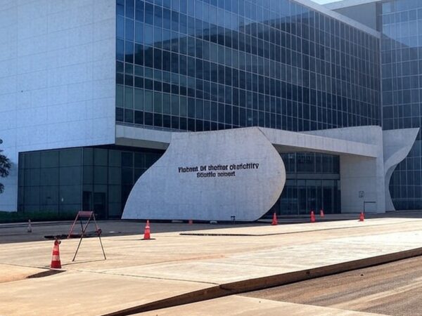 Edifício do TJDFT em Brasília com sinalização de manutenção em sistemas judiciais.