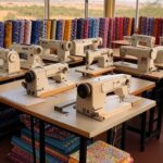 Ateliê de costura do Projeto Flores do Cerrado no DF, com máquinas e tecidos coloridos inspirados no bioma, transformando vidas de mulheres com cursos gratuitos.