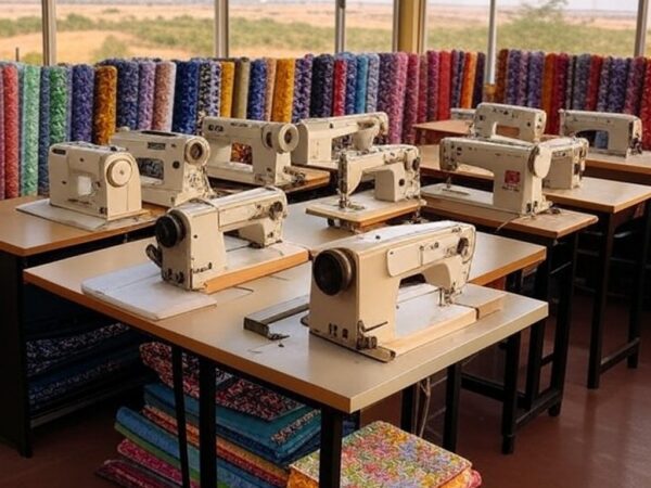 Ateliê de costura do Projeto Flores do Cerrado no DF, com máquinas e tecidos coloridos inspirados no bioma, transformando vidas de mulheres com cursos gratuitos.