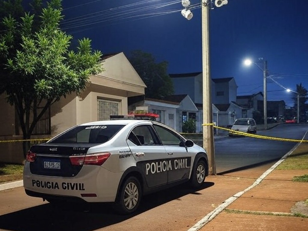 Rua em Ceilândia com câmeras de vigilância e viatura da Polícia Civil, ilustrando investigação de homicídio no DF.