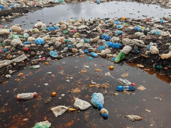 Cratera em rua de Ceilândia com lixo acumulado causando alagamentos, em Brasília.
