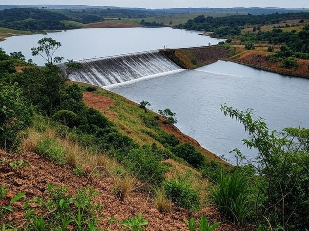 Reservatório do Descoberto transbordando no DF, com risco de inundações em áreas de cerrado.
