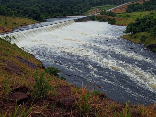 Reservatório do Descoberto transbordando no DF após chuvas, garantindo segurança hídrica.