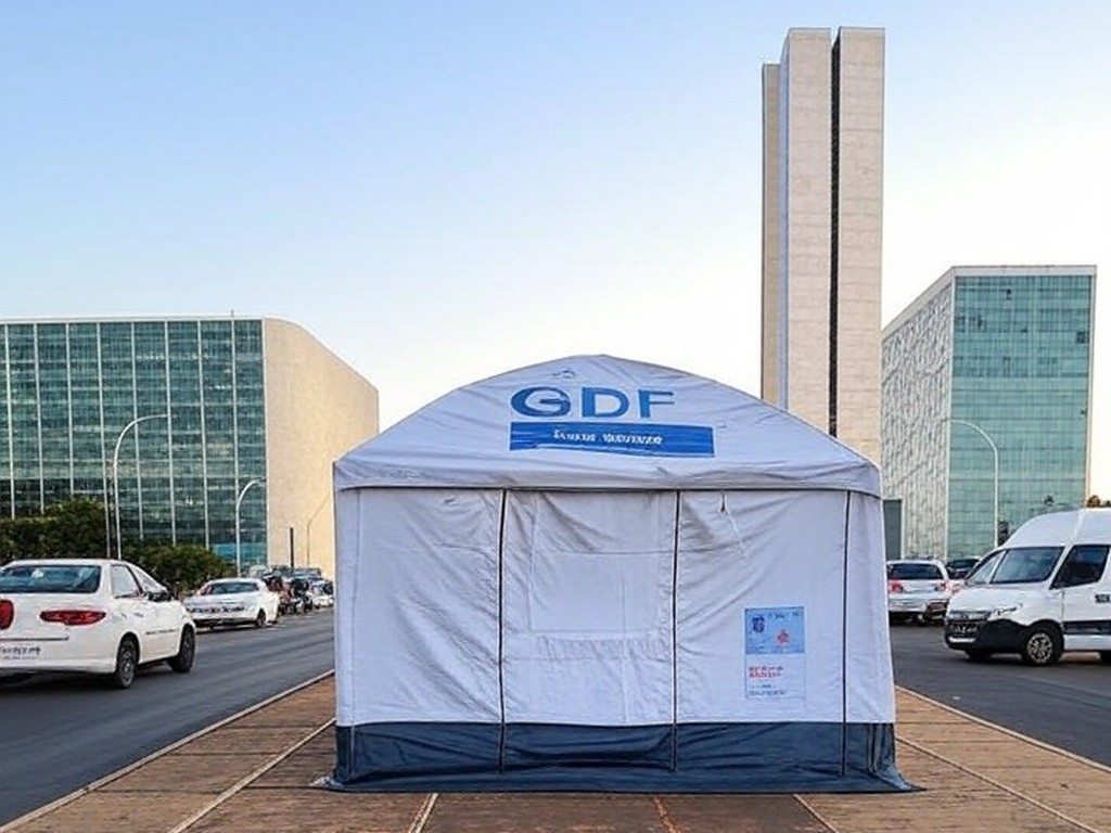 Rua em Brasília com tendas de acolhimento para pessoas em situação de rua pelo GDF no DF.