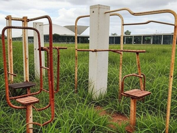 Academia ao ar livre abandonada em Brasília, com equipamentos enferrujados, representando críticas à lei de academias para idosos da CLDF por atrasos.
