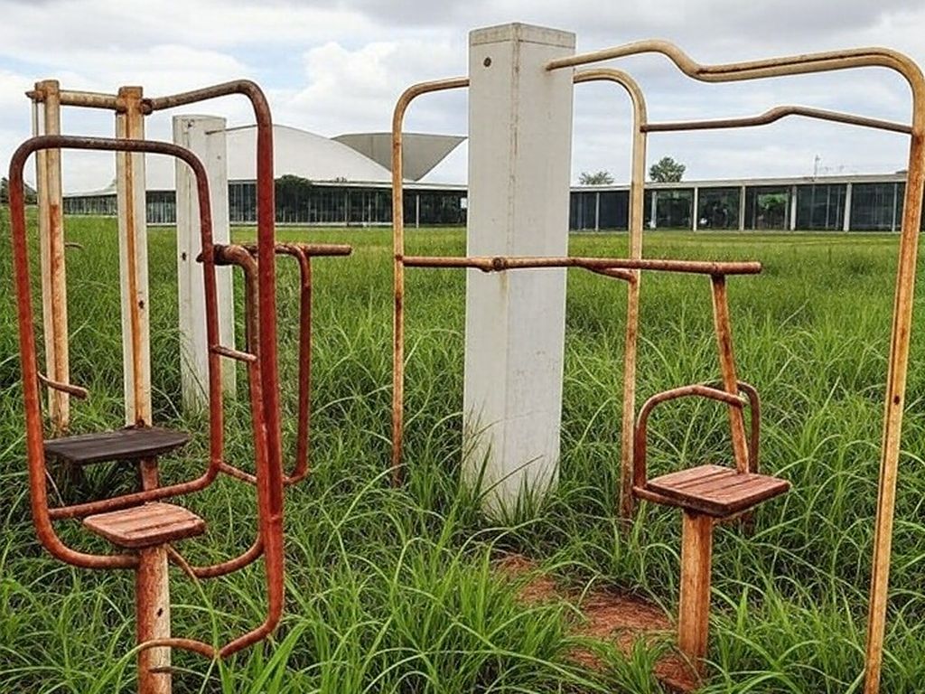 Academia ao ar livre abandonada em Brasília, com equipamentos enferrujados, representando críticas à lei de academias para idosos da CLDF por atrasos.