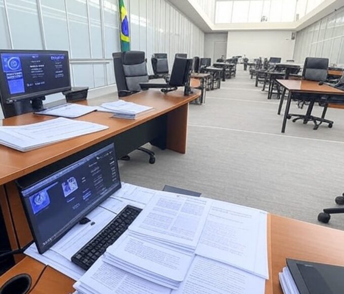 Sala de mediação familiar virtual no TJDFT em Brasília, com telas de computador e símbolos jurídicos, representando acordos em mutirão.
